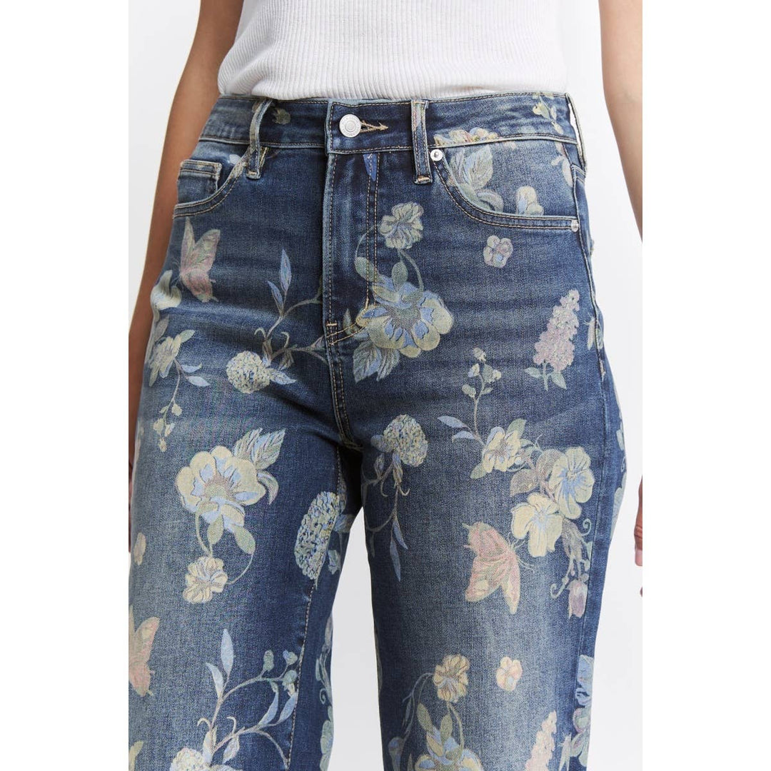 Mica Denim Brand Floral Print Wide Leg High Waist Denim Jeans