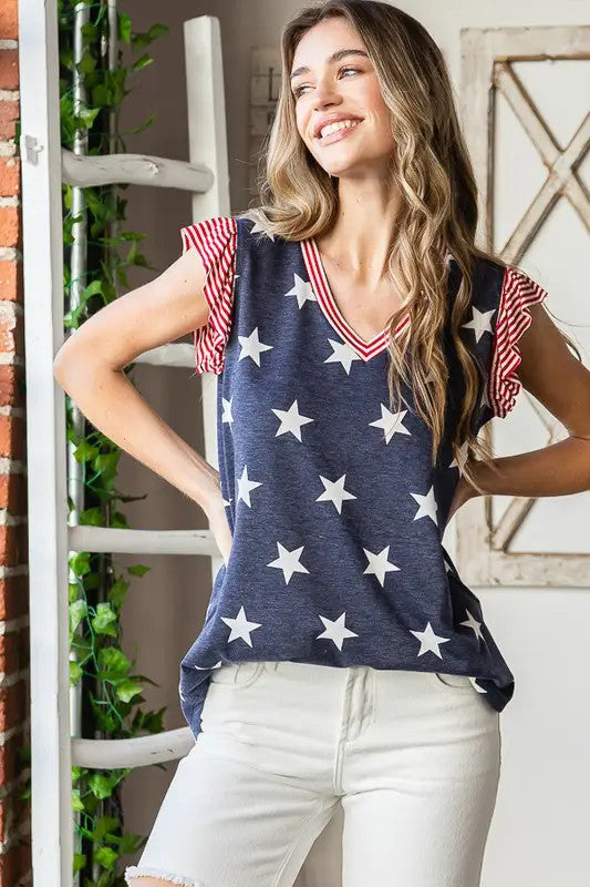 Butterfly Sleeve Flag Theme Top With Round Hem