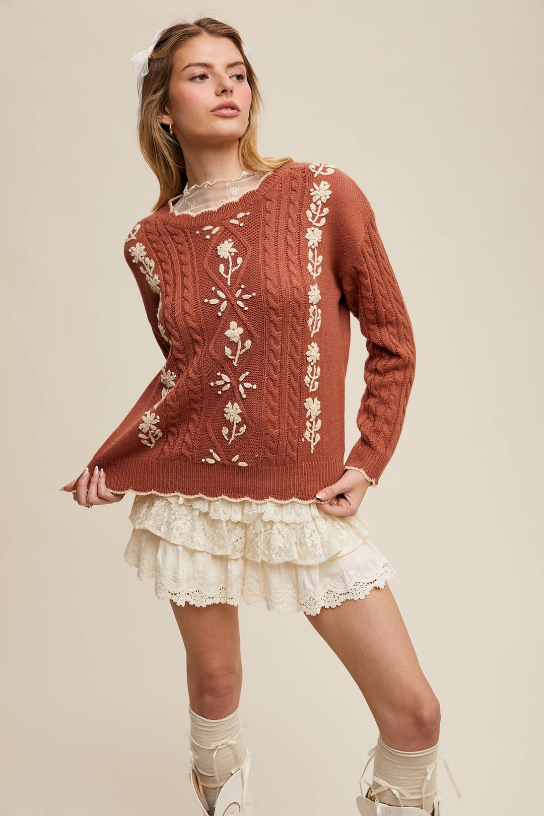 Autumn Garden Cable Knit Sweater in Terracotta