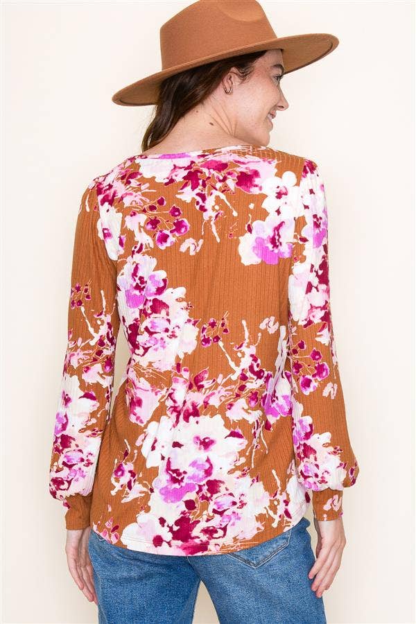 V-Neck Rib Floral Print Top - Camel