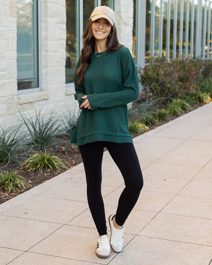 Slouchy Waffle Pullover in Emerald