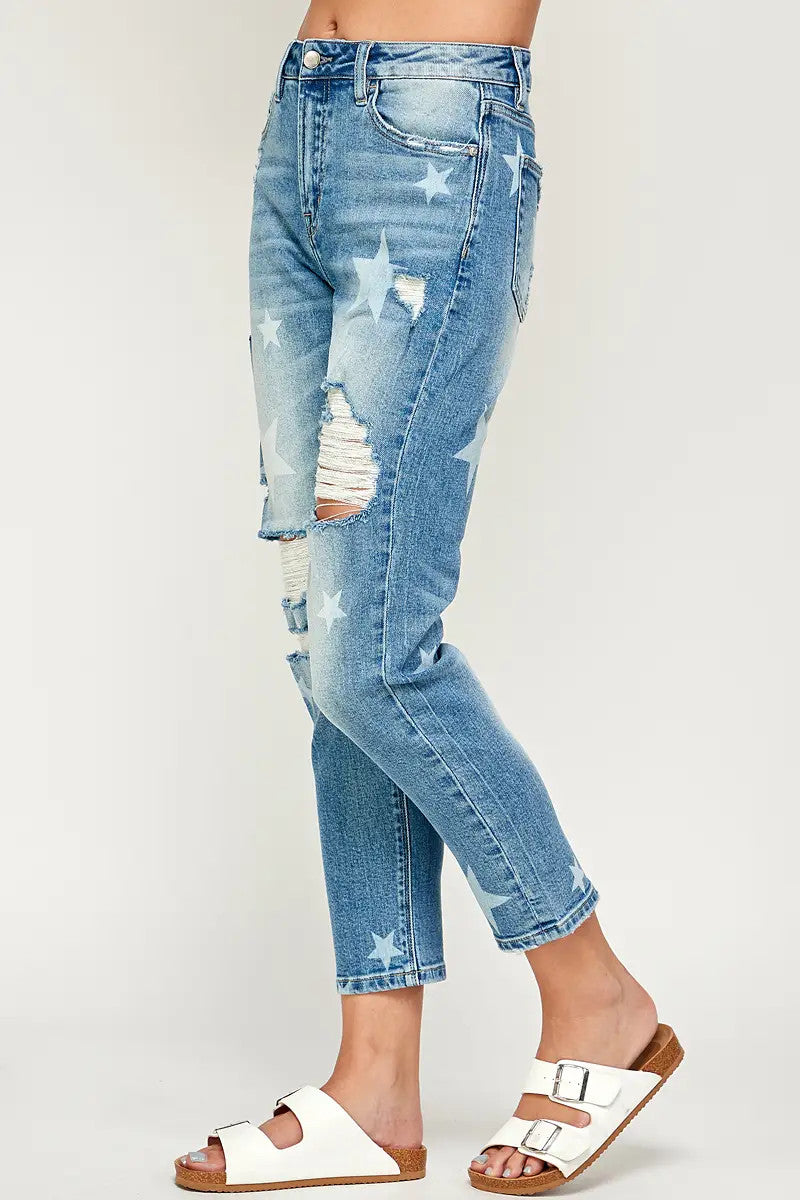 I&M Jeans - Distressed Stretch Mom Jeans w/ Stars - Medium Wash