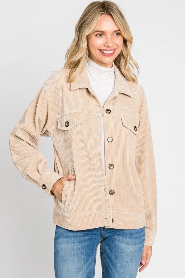 Button Down Soft Ribbed Jacket - Ecru