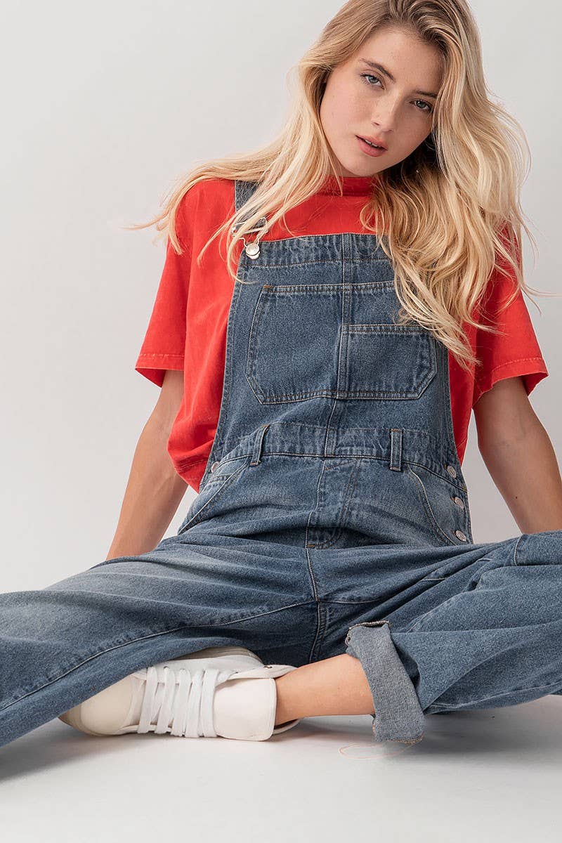 Relaxed Fit Denim Overalls Mid Wash