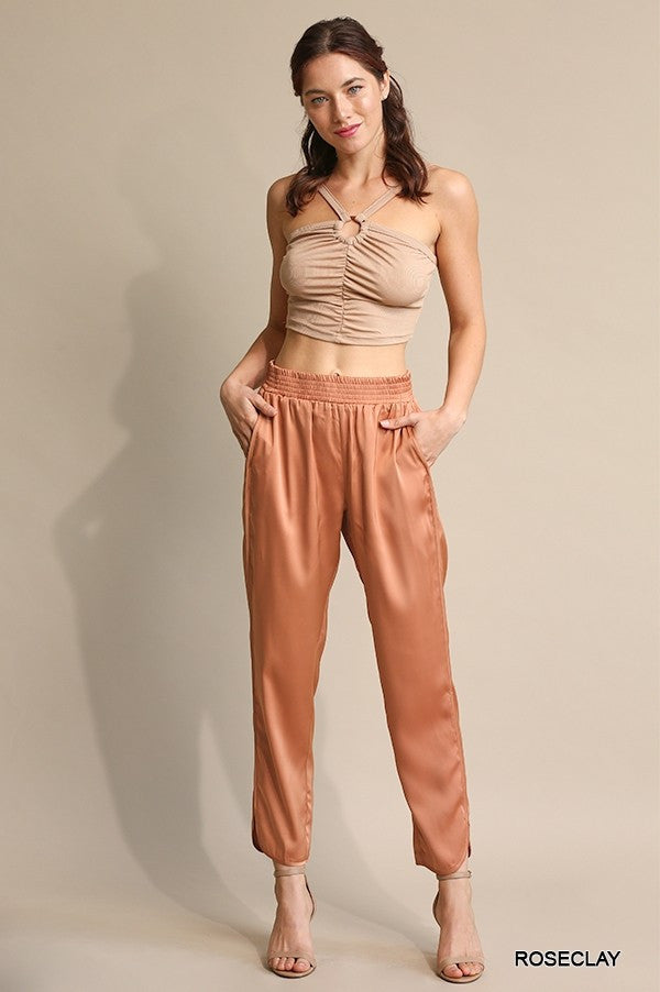 Solid Satin & Elastic Waist Pants W/Side Slits & Pock- In Rose Clay