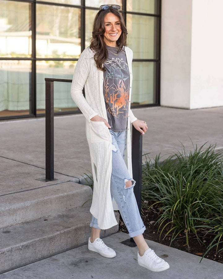 Ribbed Long Duster Cardigan in Ivory