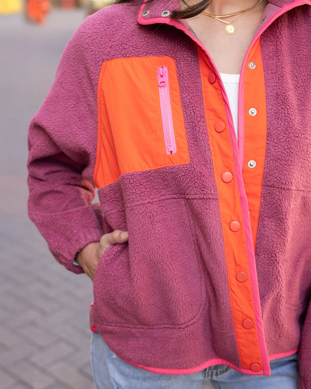 Colorblock Fleece Jacket in Berry-Orange