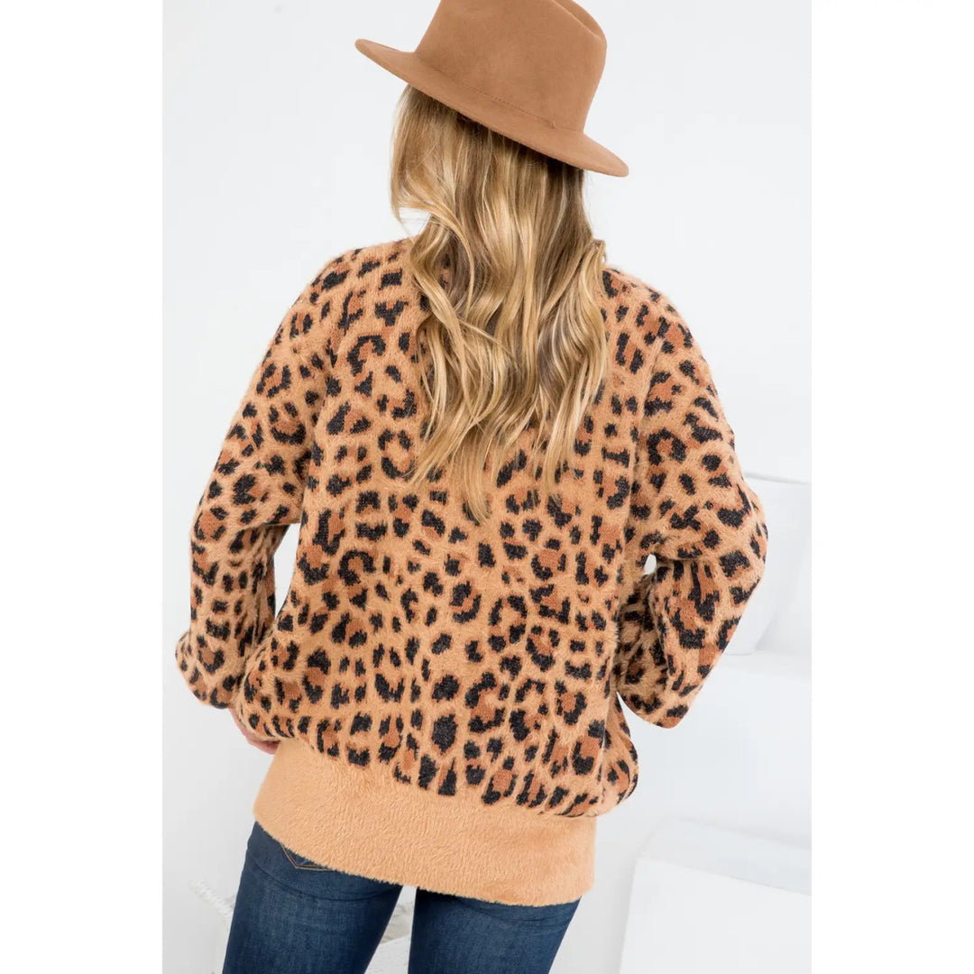 FURRY LEOPARD PATTERN BUTTON DOWN CARDIGAN