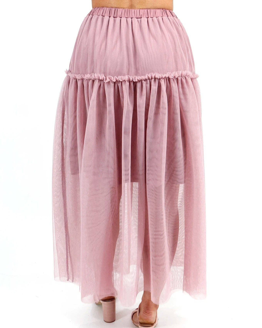 Mesh Tiered Maxi Skirt in Blush