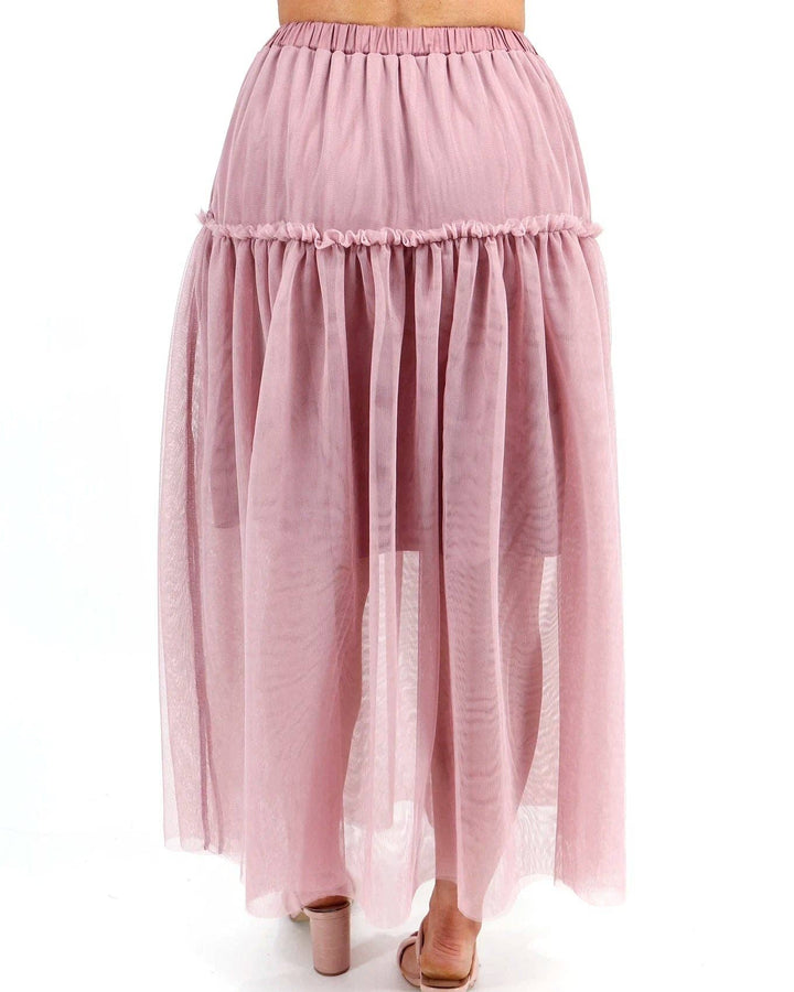 Mesh Tiered Maxi Skirt in Blush