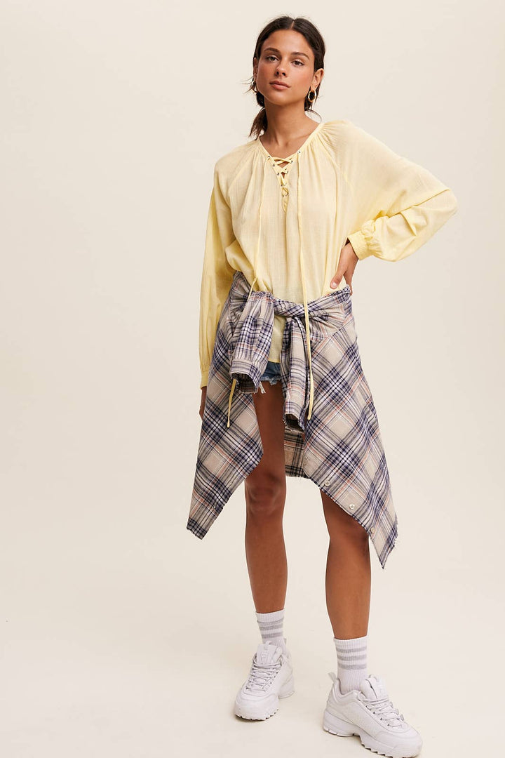 Lace-Up Gauze Peasant Blouse - Lemon Vanilla