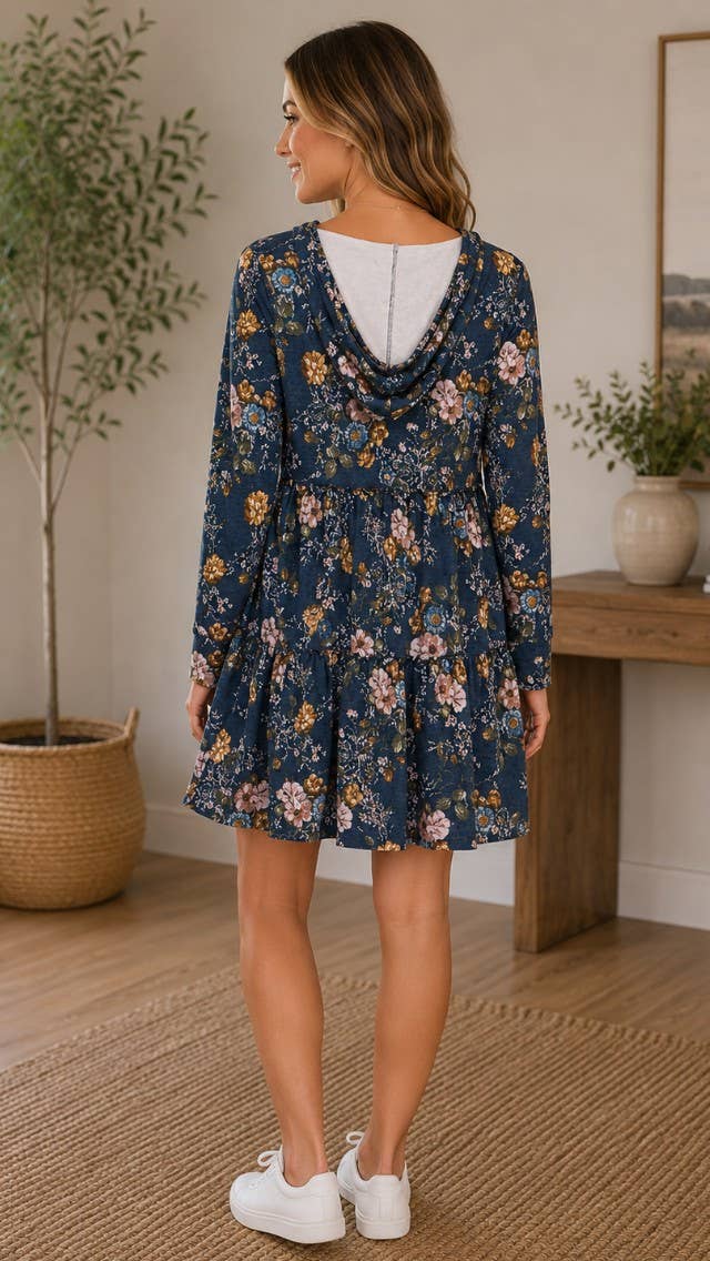 Golden Blooms Hooded Jacket Dress - Blue/Mustard