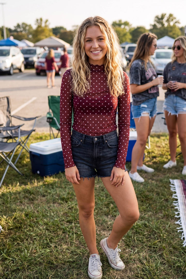 Gameday Ready Polka Dot Mesh Top - Red/Black