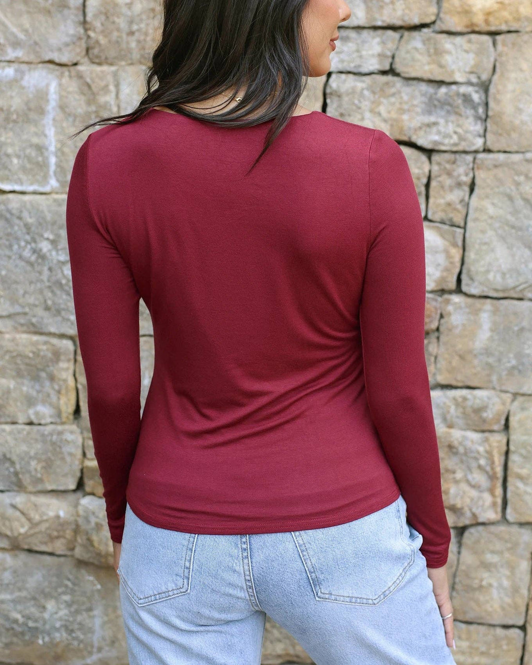 Modal V-Neck Long Sleeve Tee in Red