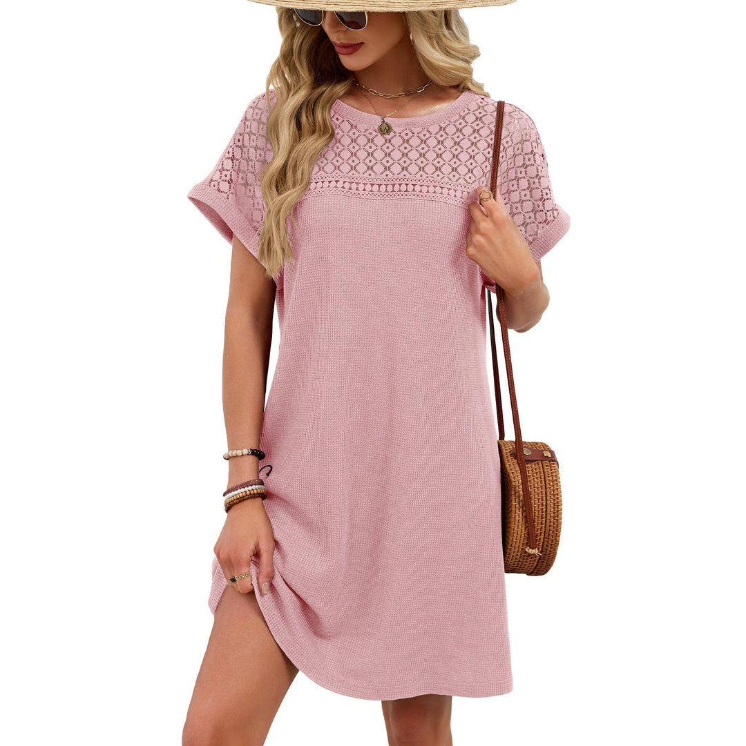 Lace Patchwork Casual Short Sleeve Loose Summer Dress - Pink