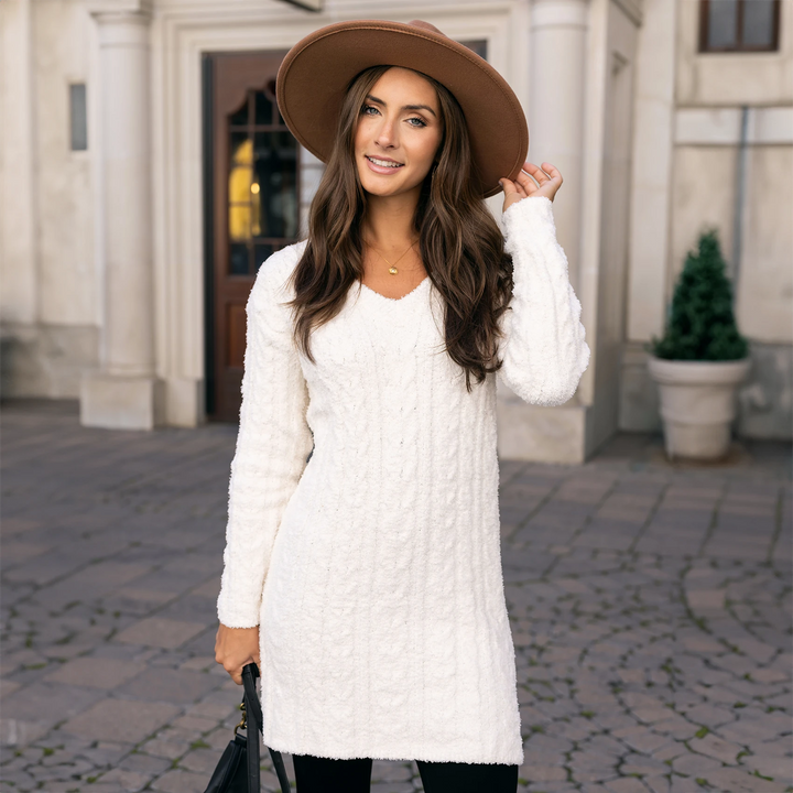 Cloud Cabled Sweater Dress in Cream