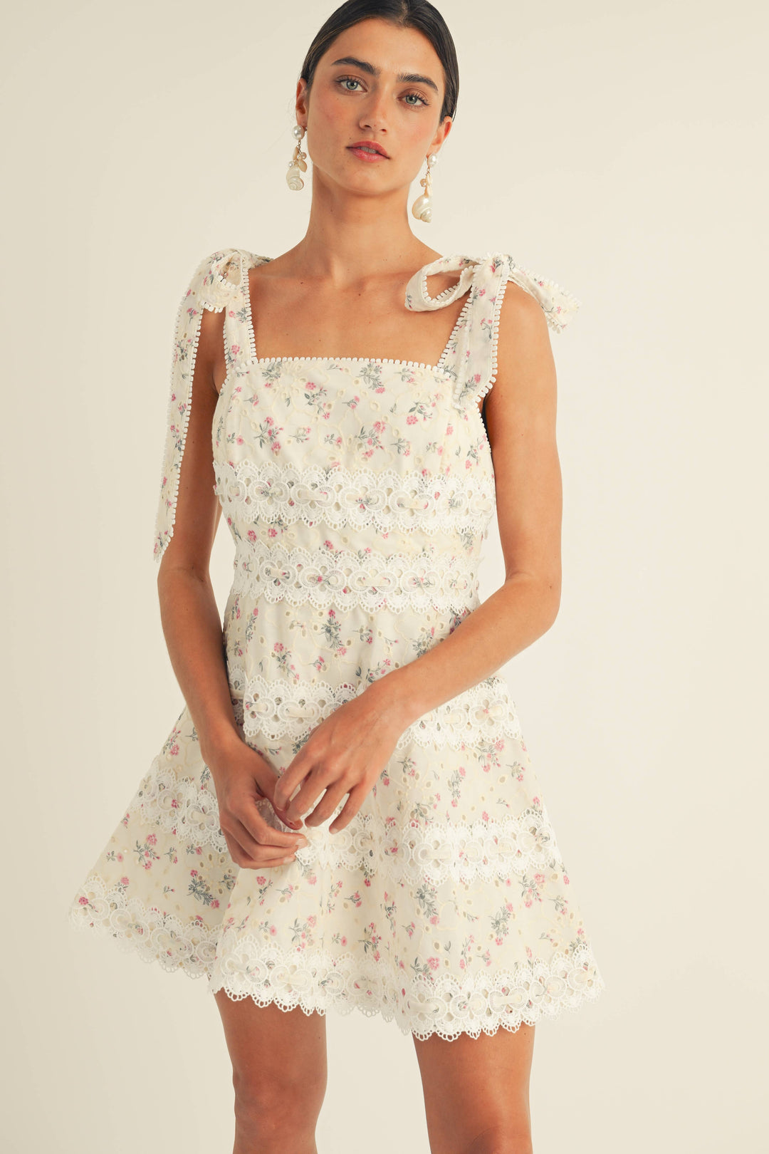 Giada Square Neck Tie Strap Floral Eyelet Mini Dress
