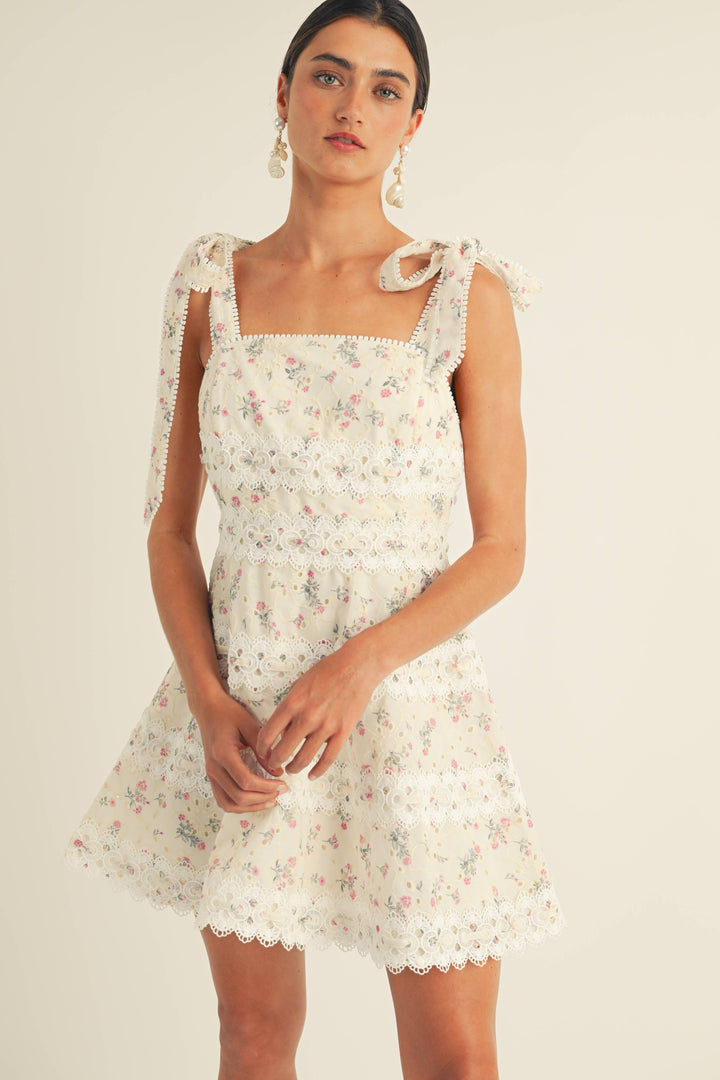 Giada Square Neck Tie Strap Floral Eyelet Mini Dress