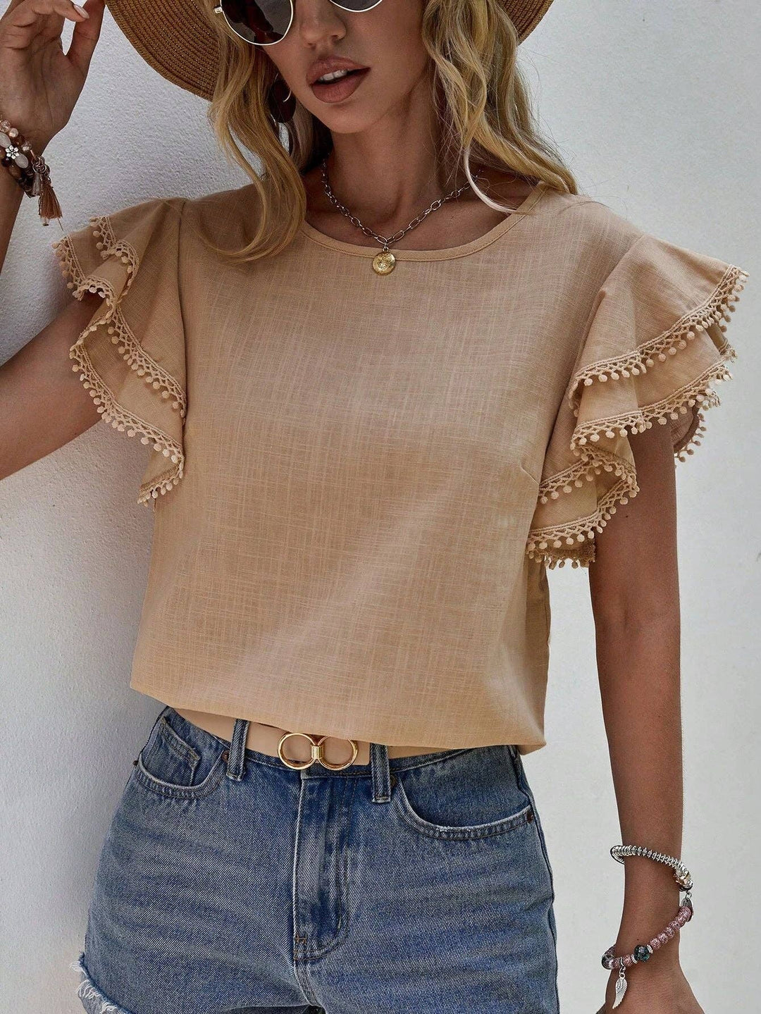 Women's Casual Ruffle Sleeve Round-Neck Summer Blouse - Khaki