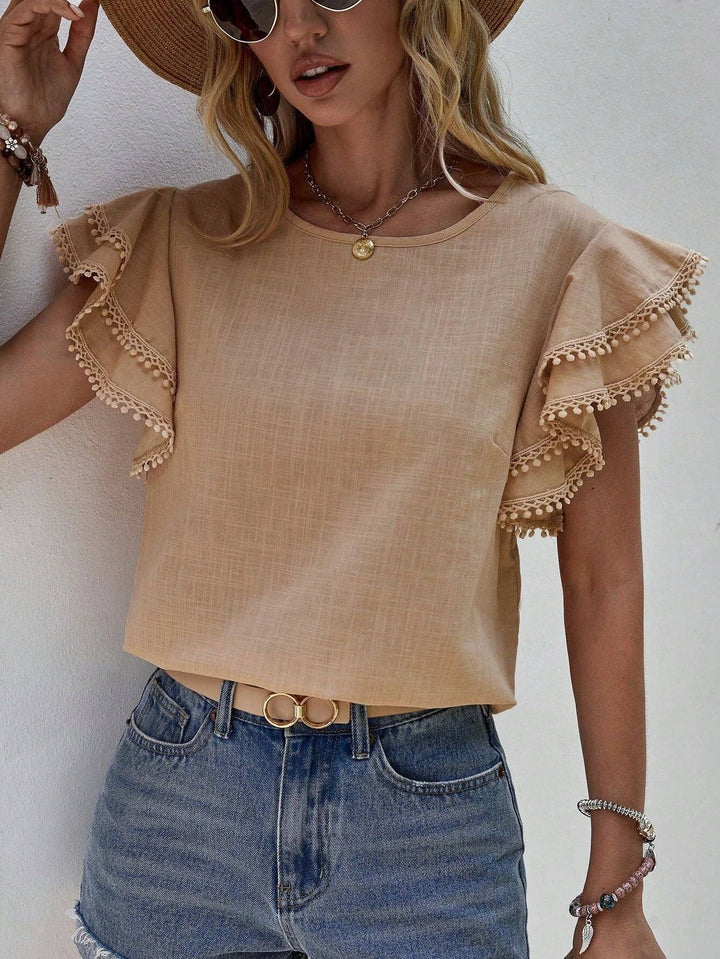 Women's Casual Ruffle Sleeve Round-Neck Summer Blouse - Khaki