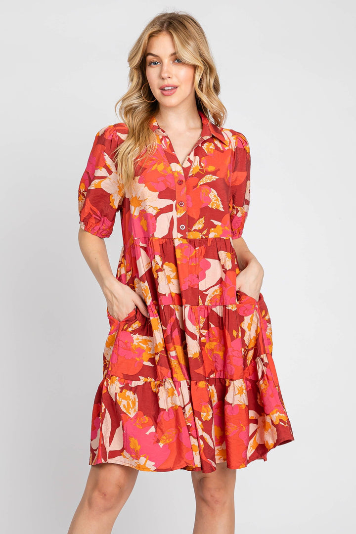 Vibrant Printed Puff Sleeve Tiered Dress