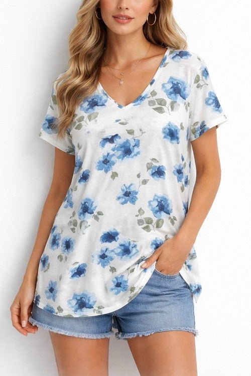 Spring Bloom Soft Stretch V-Neck Tee - Ivory/Blue
