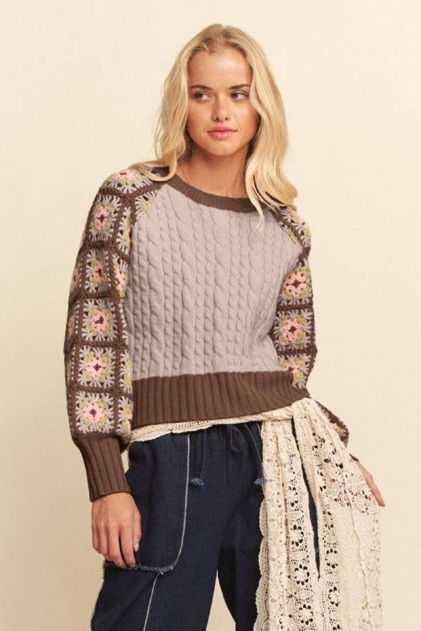 Boho Bloom Crochet Sleeve Cable Knit Sweater - Mocha/Mauve – Sublime ...