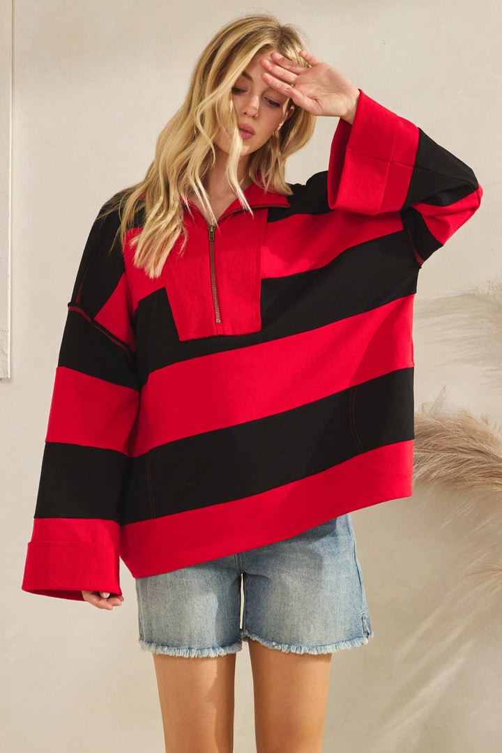 Varsity Stripe Oversized Zip Pullover - Red/Black