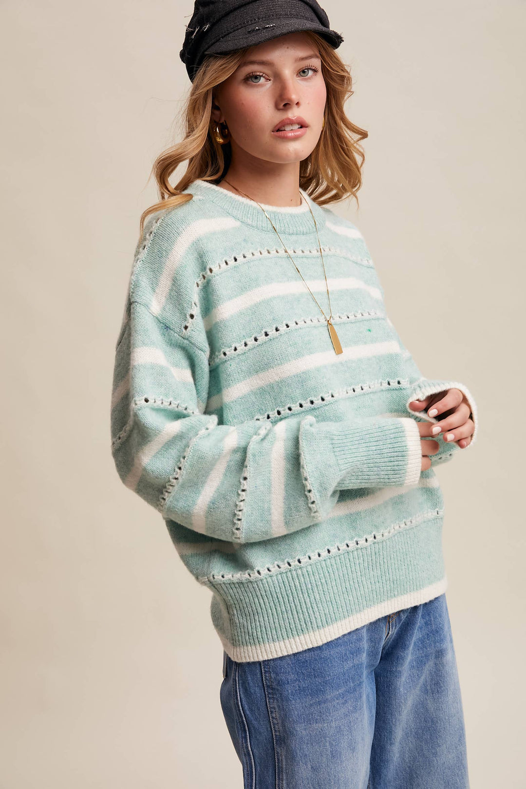 Striped Open-Stitch Pullover Sweater in Light Coral