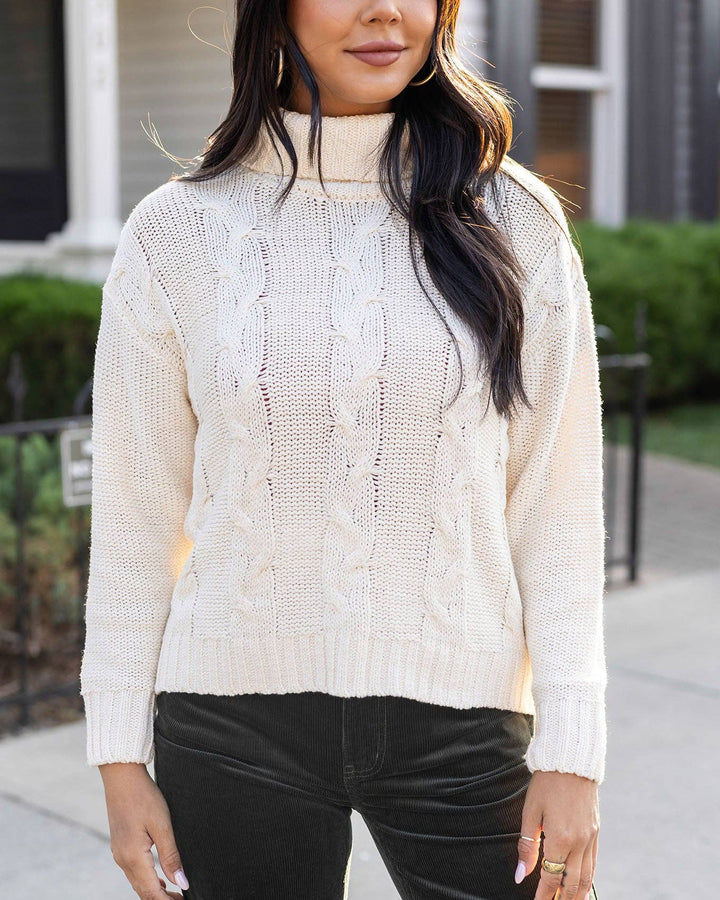 High Neck Cable Knit Sweater in Ivory