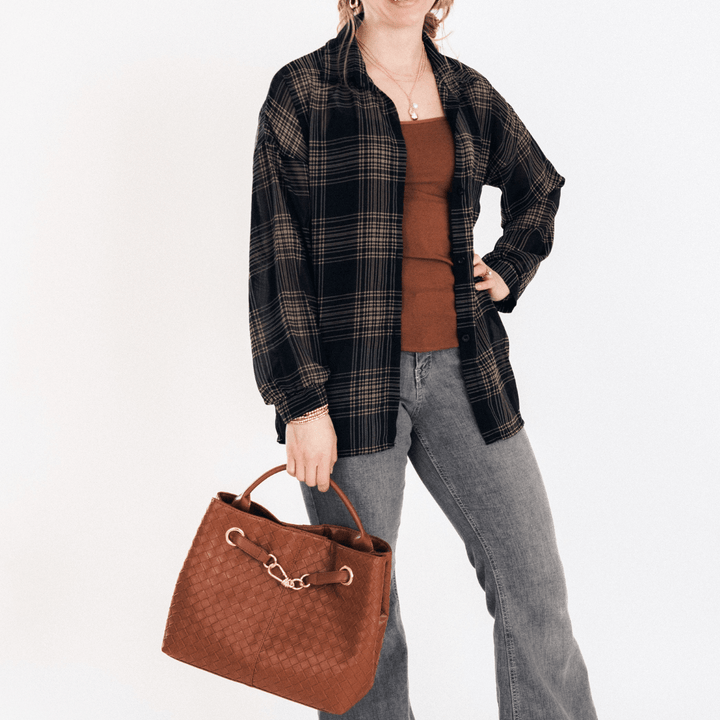 Black Plaid Ice Silk Shirt- Women