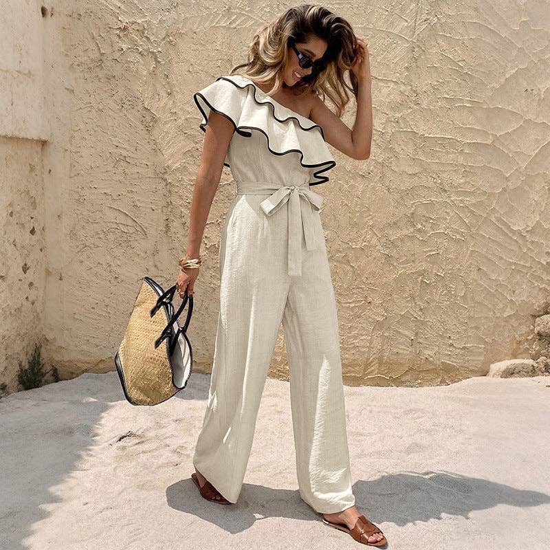 Women One Shoulder Ruffle Wide Leg Jumpsuit - Light Khaki