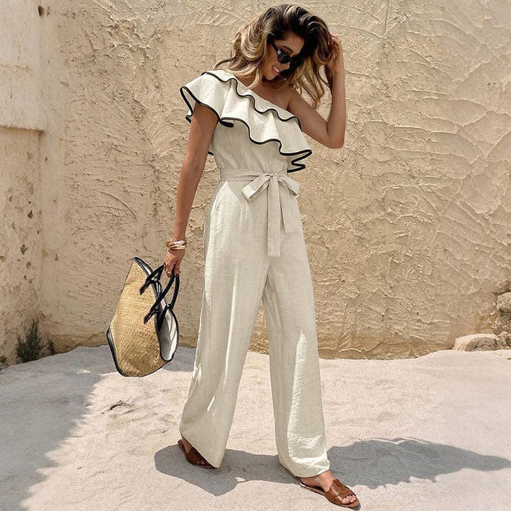 Women One Shoulder Ruffle Wide Leg Jumpsuit - Light Khaki