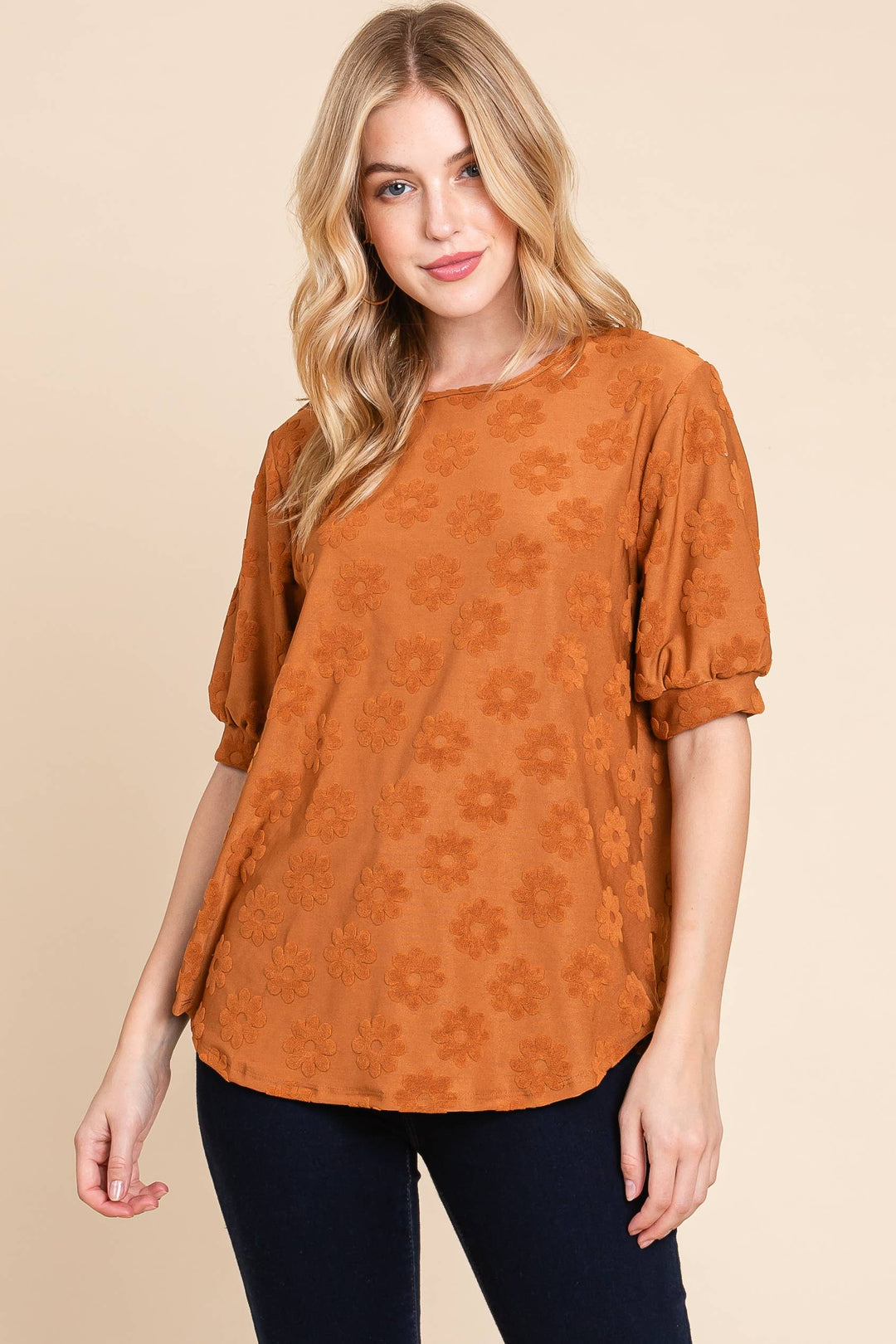Bloom With Grace Puff Sleeve Top - Camel