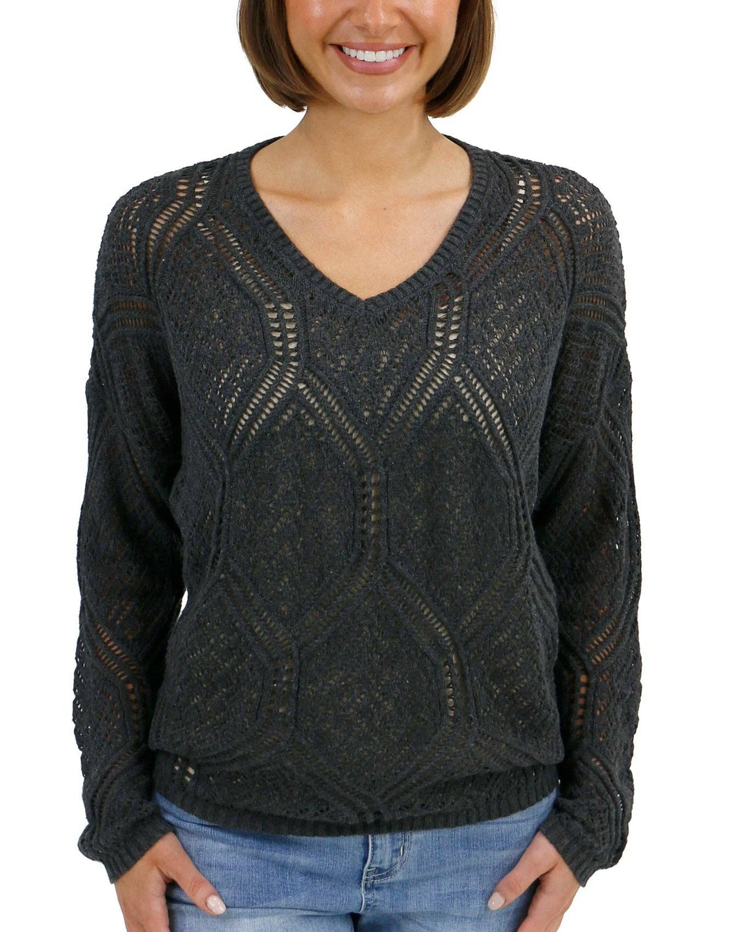 Grace and Lace V-Neck Pointelle Sweater in Charcoal