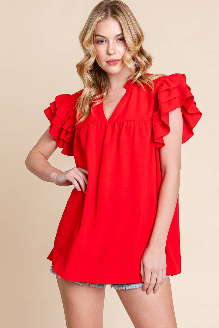 AIRFLOW OVERSIZED RUFFLE SLEEVE BLOUSE - BURGUNDY