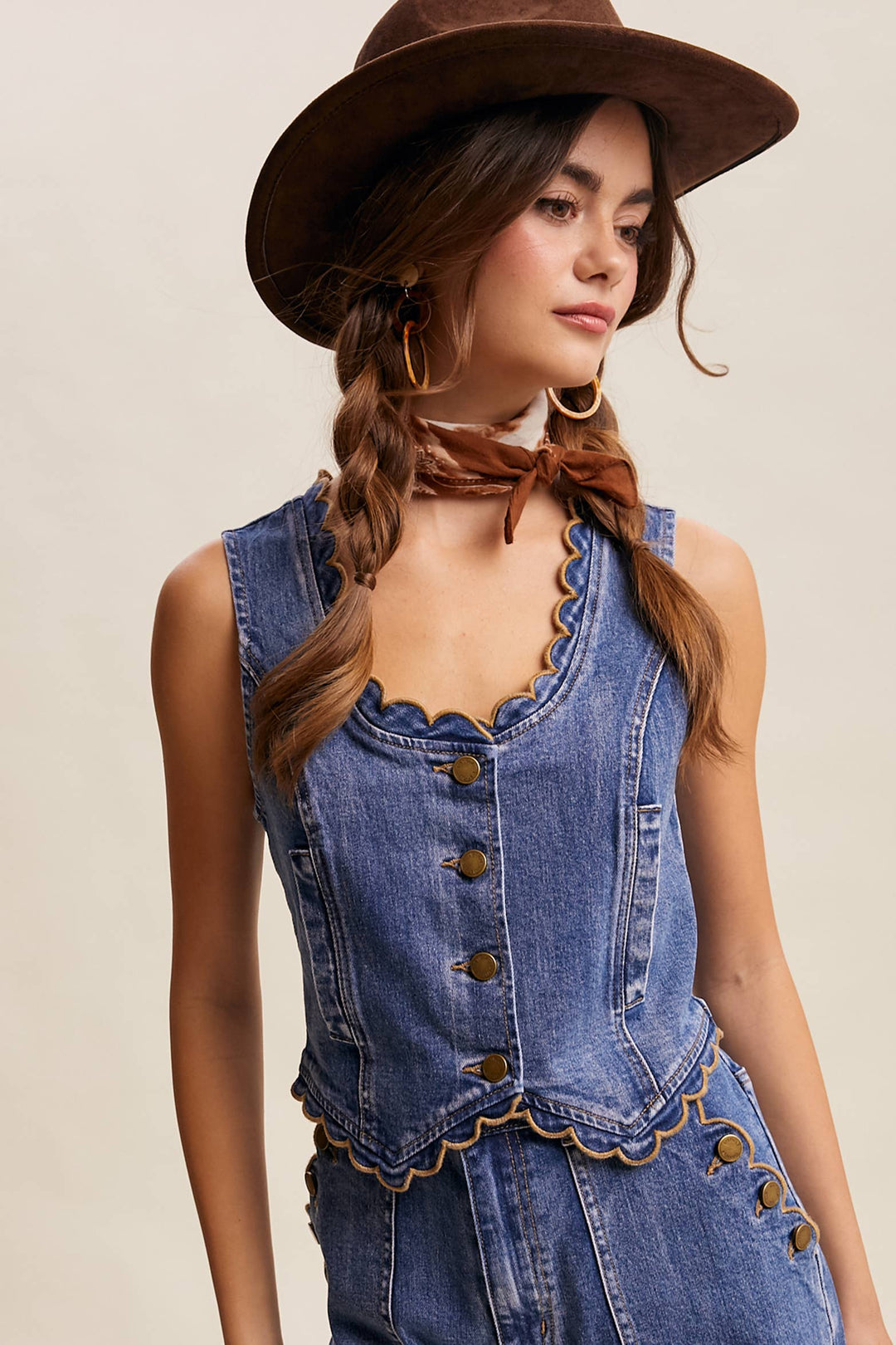 Scallop Trim Stretch Denim Vest