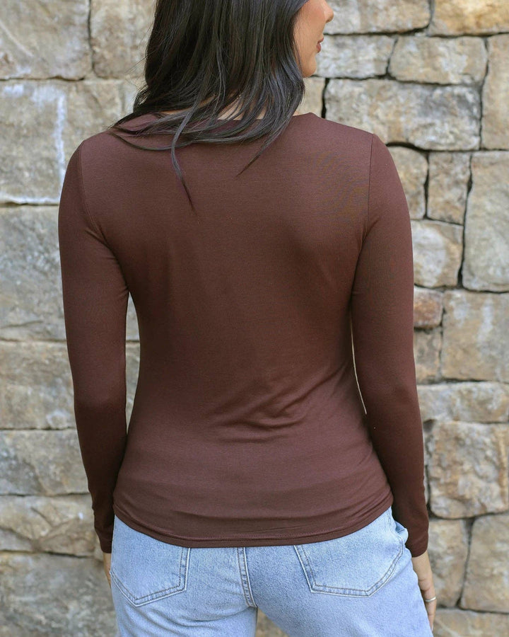 Modal V-Neck Long Sleeve Tee in Brown