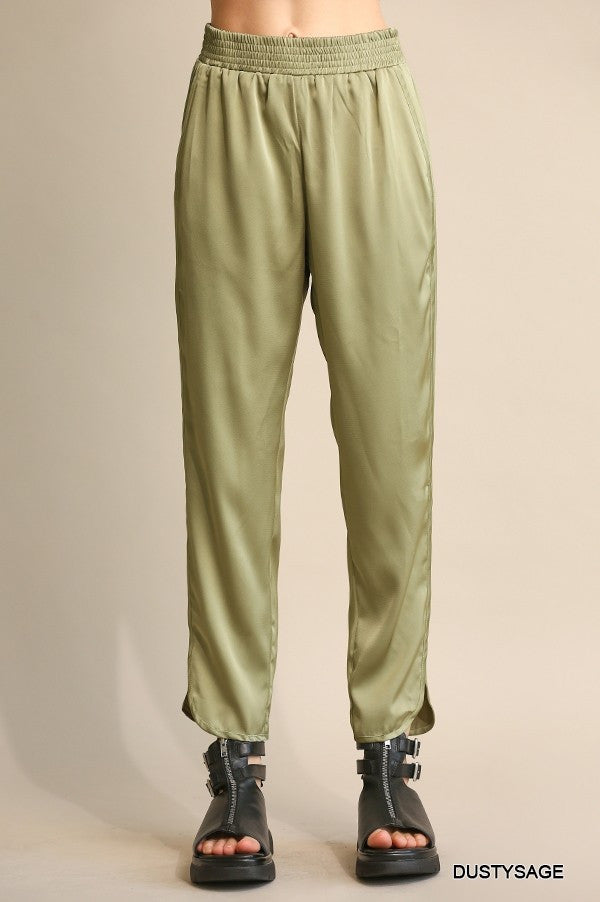 Solid Satin & Elastic Waist Pants W/Side Slits & Pock- In Dusty Sage