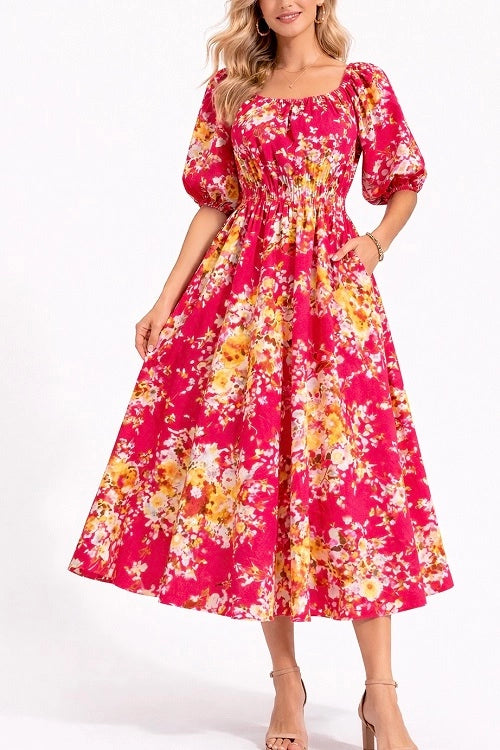 Pink Paradise Floral Midi Dress w/ Pockets