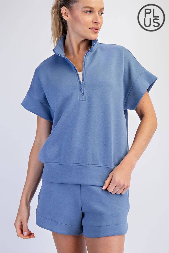 RAE MODE PLUS SIZE MODAL SCUBA QUARTER ZIP SHORT SLEEVE TOP