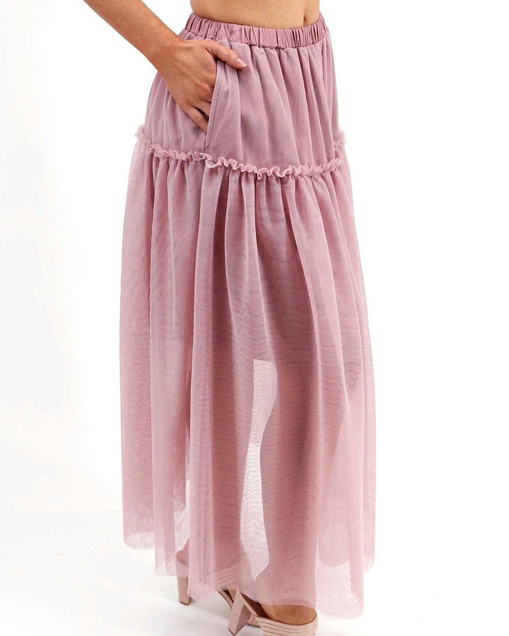 Mesh Tiered Maxi Skirt in Blush