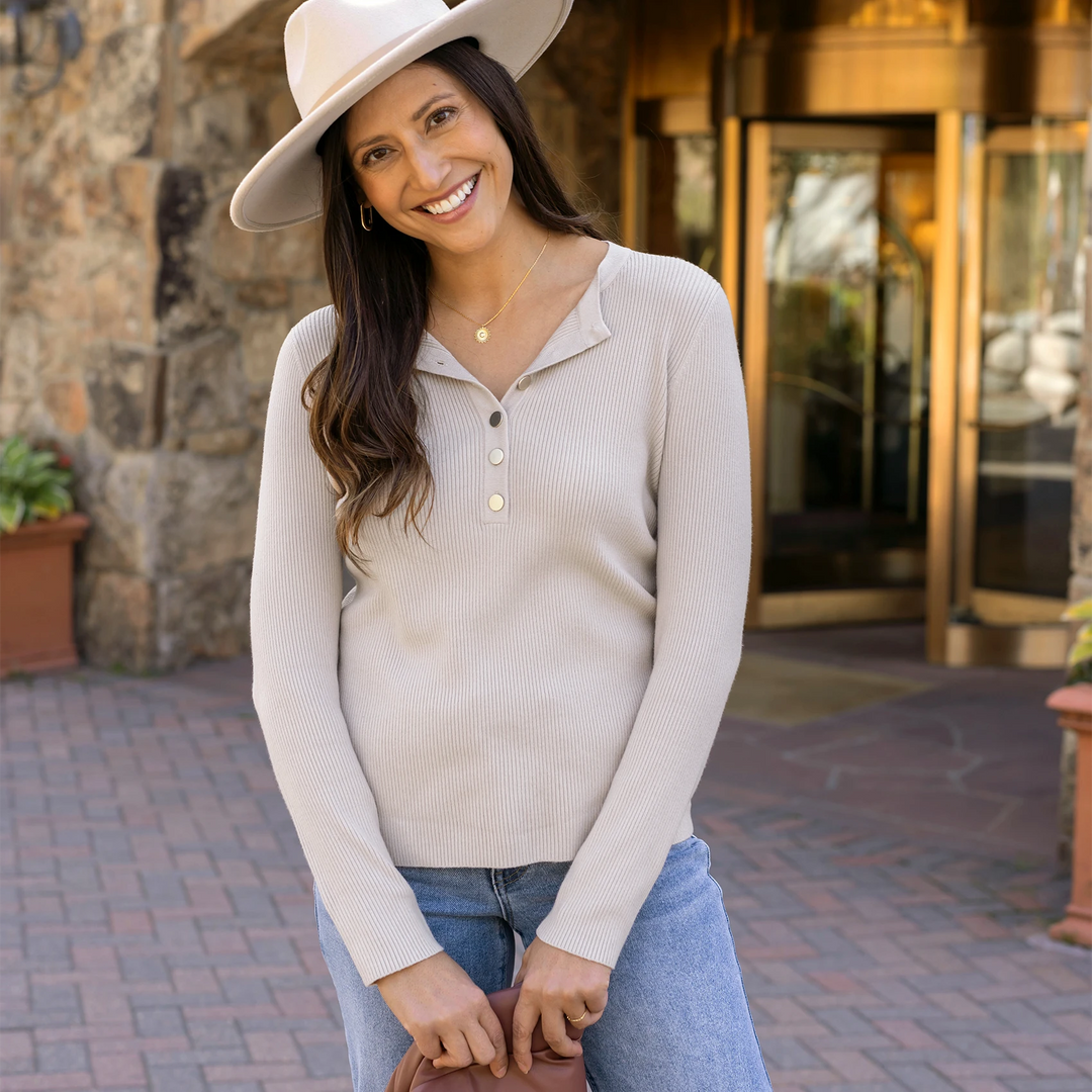 Grace and Lace Ribbed Henley Sweater in Oatmeal