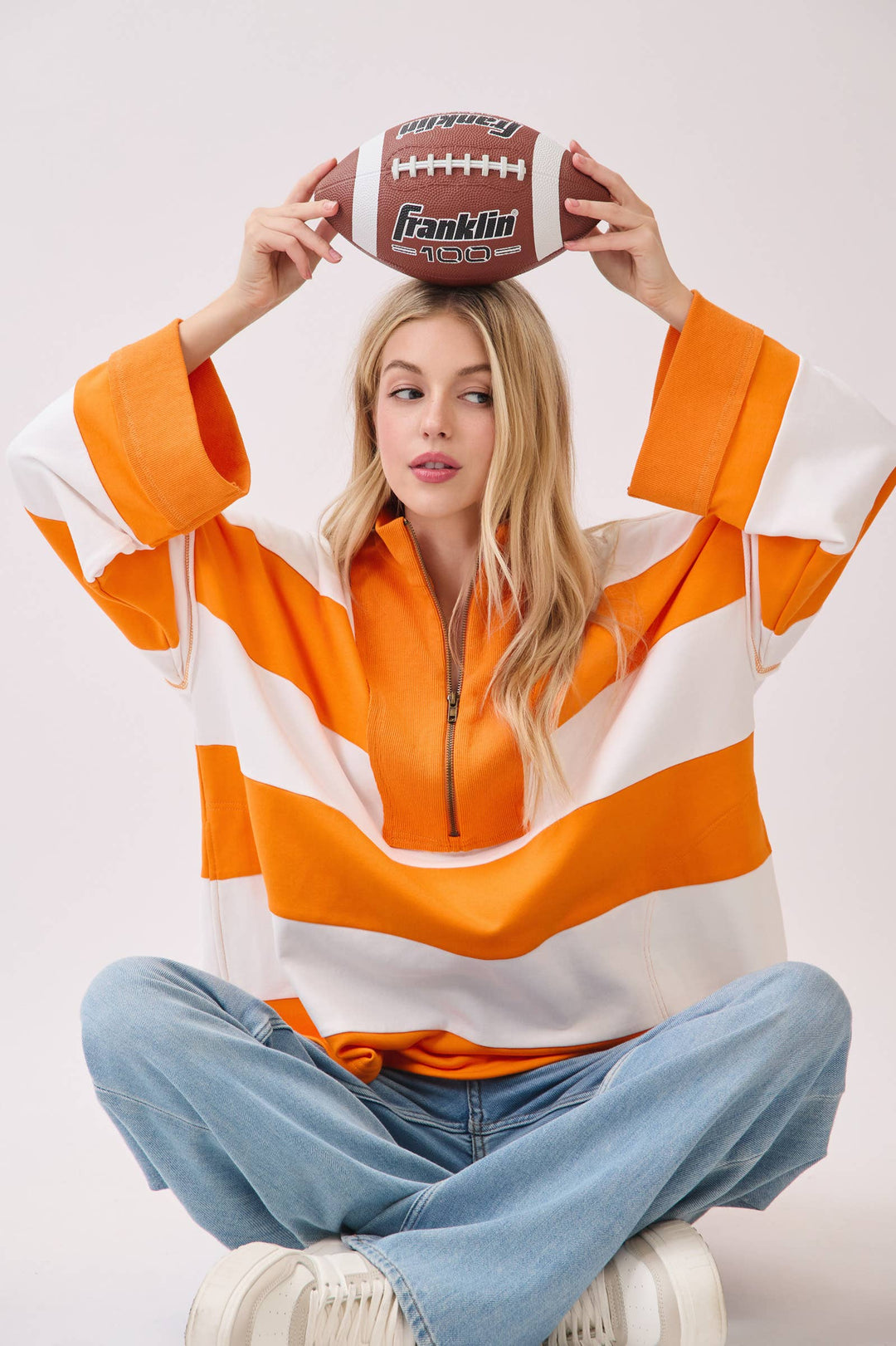 Varsity Stripe Oversized Zip Pullover - Red/Black