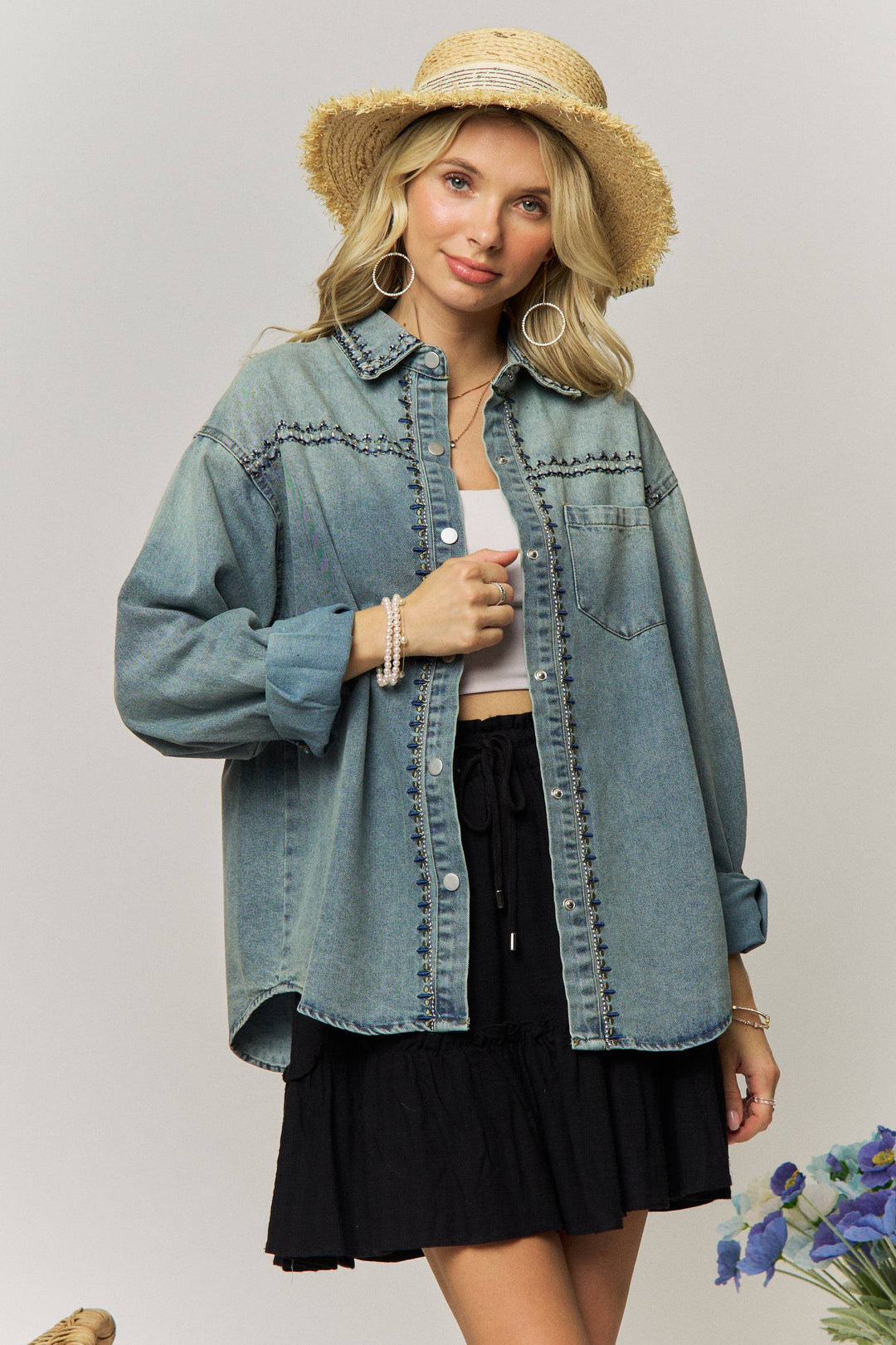 Oversized Denim Button-Up Shirt with Ornamental Embroidery