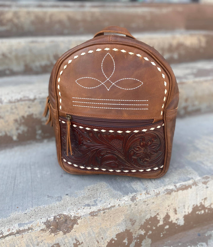 Camel Brown BootStitch Leather Mini Backpack  