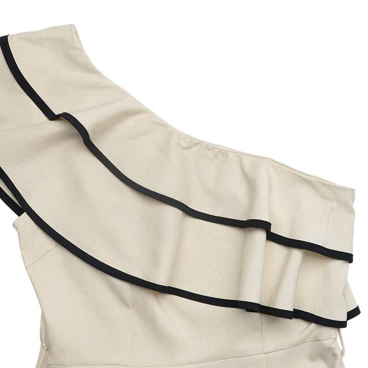 Women One Shoulder Ruffle Wide Leg Jumpsuit - Light Khaki