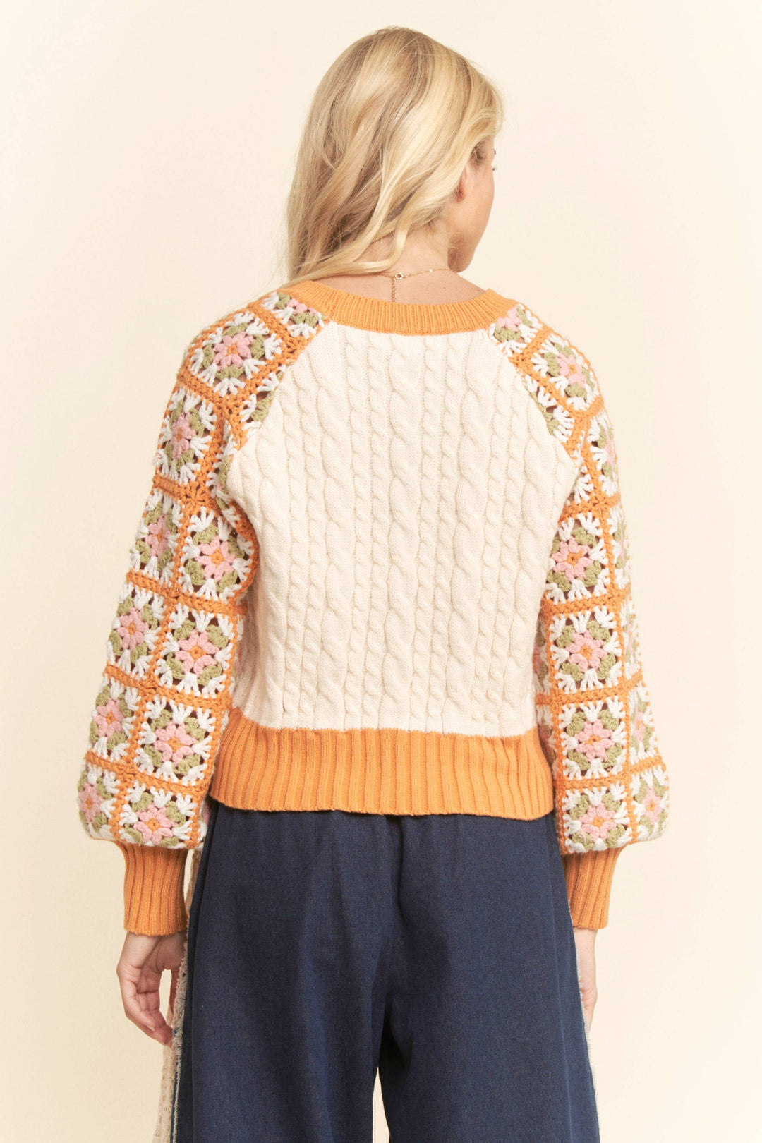 Boho Bloom Crochet Sleeve Cable Knit Sweater - Orange/Cream