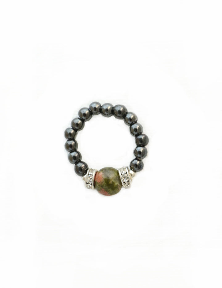 Unakite & black magnetic hematite ring