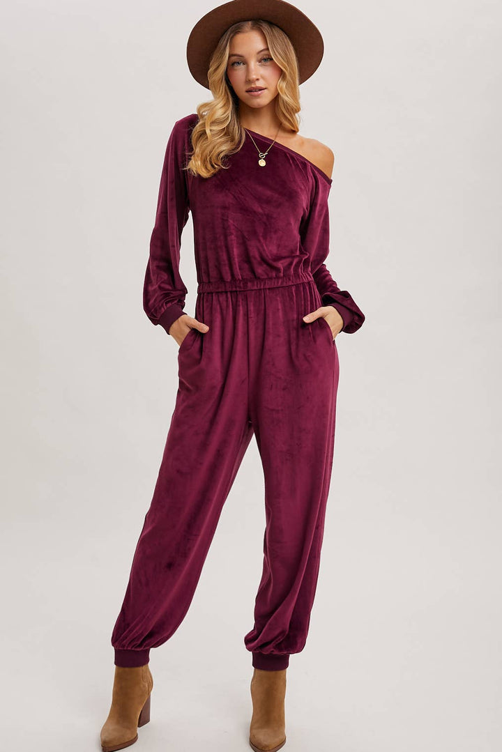 VELVET ONE SHOULDER BOAT NECK JUMPSUIT